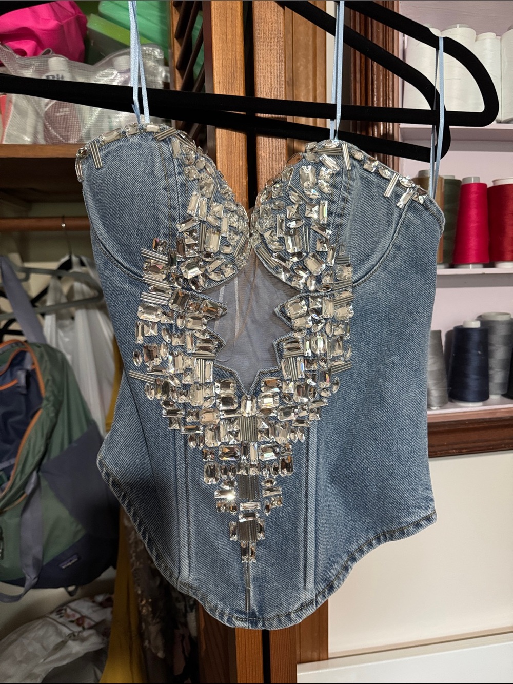 AKIRA Denim Crystal-Embellished Corset Bodysuit - Blue & Silver